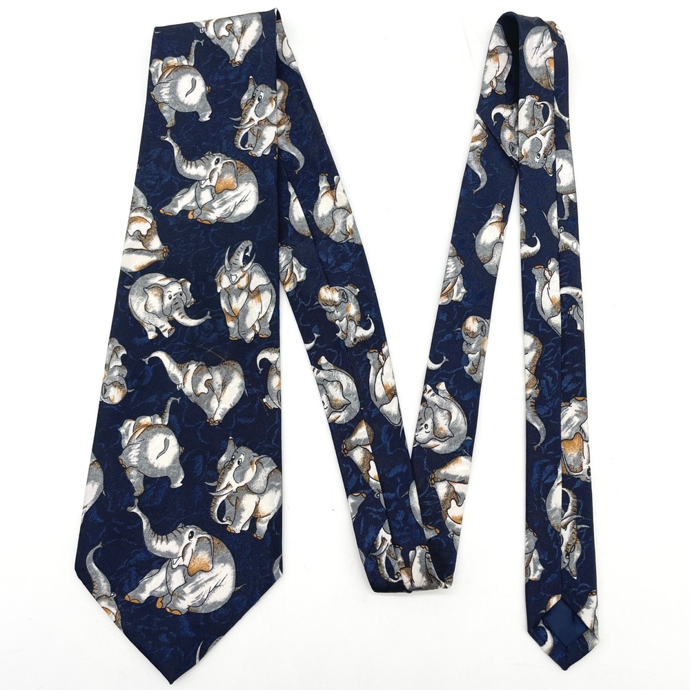 Dino Romaro Elephant Print Tie Navy Blue Retro‎ Whimsy Animal Novelty Handmade